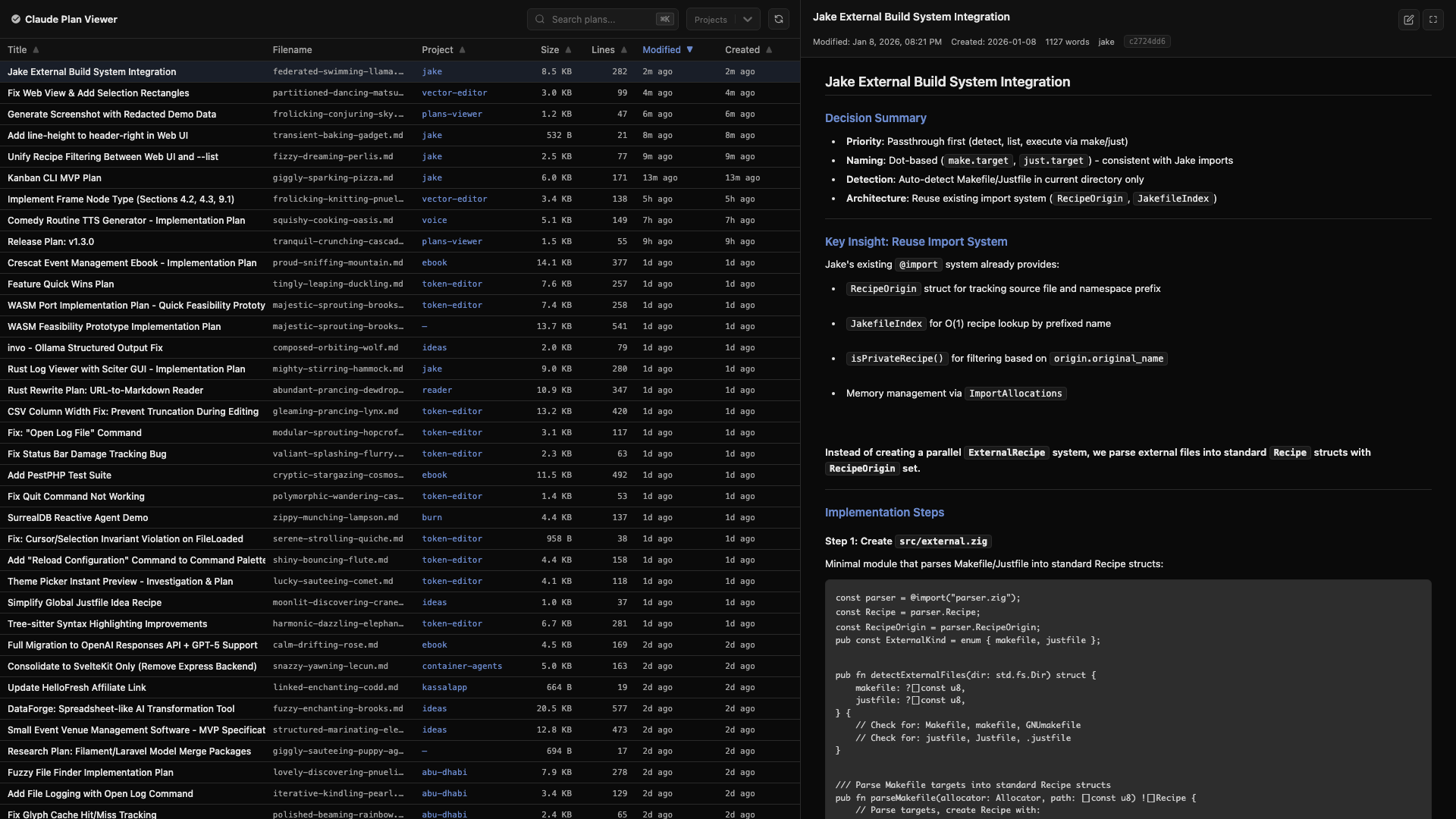 Claude Plan Viewer interface showing a list of plans with search, sort, and detail view